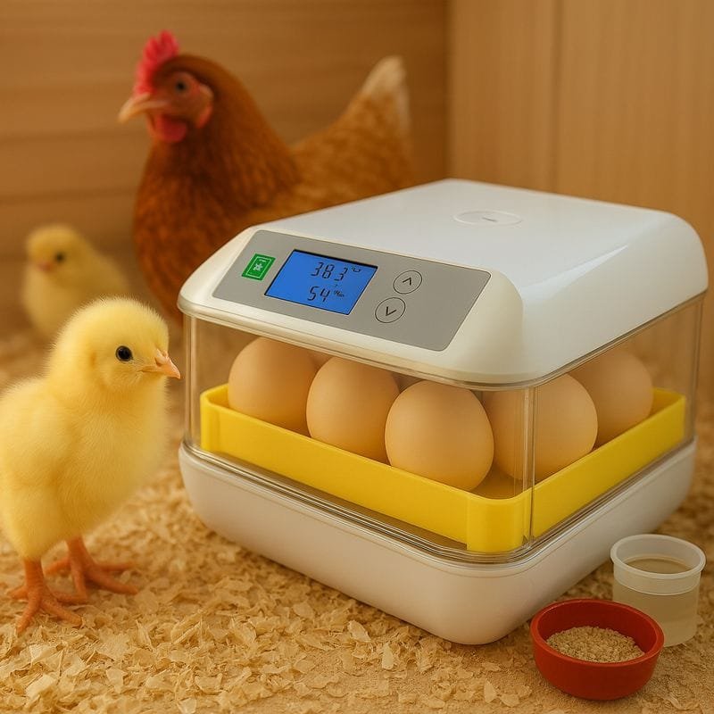 Pollito amarillo recién nacido junto a una incubadora de huevos automática con pantalla digital