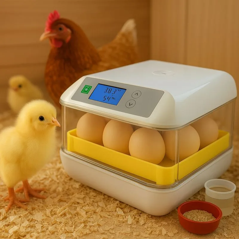 Pollito amarillo recién nacido junto a una incubadora de huevos automática con pantalla digital